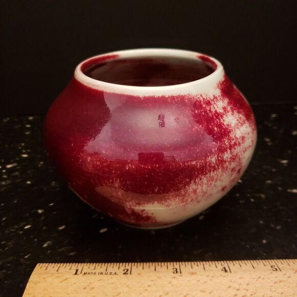 Ceramic Art Pottery Vase Celadon Ruby Red Glazed Signed Vintage - Picture 11 of 12